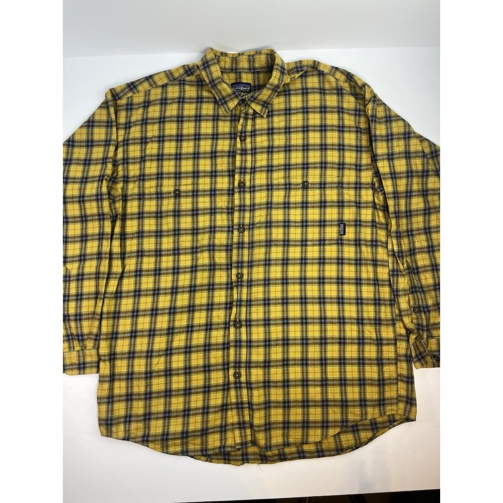 Patagonia Shirt Mens Large Yellow Gray Plaid Organic Cotton Button Down Outdoors